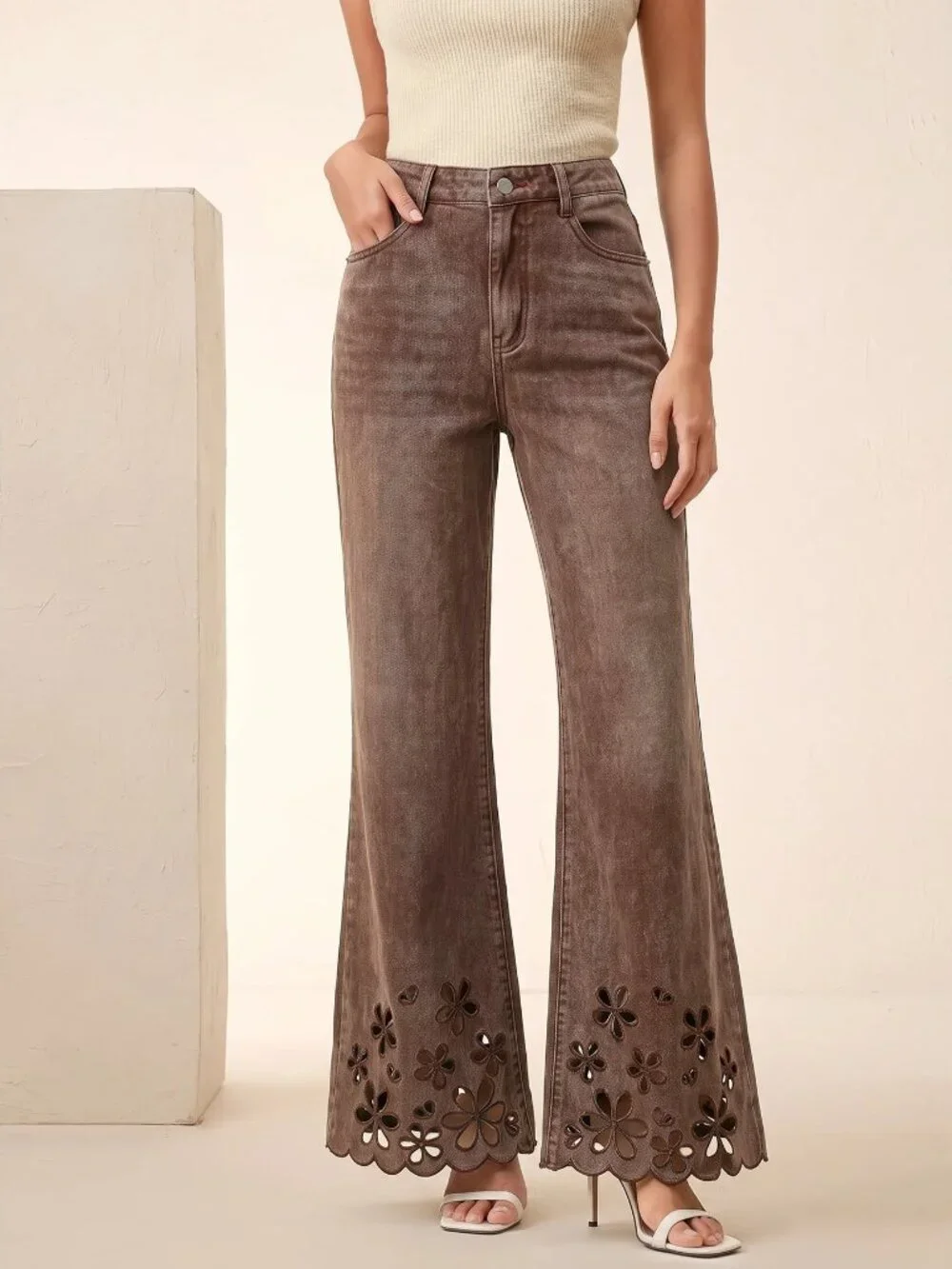 Coffee Brown Casual Women's Embroidered Hollow Out Pocket Design Flare Jeans